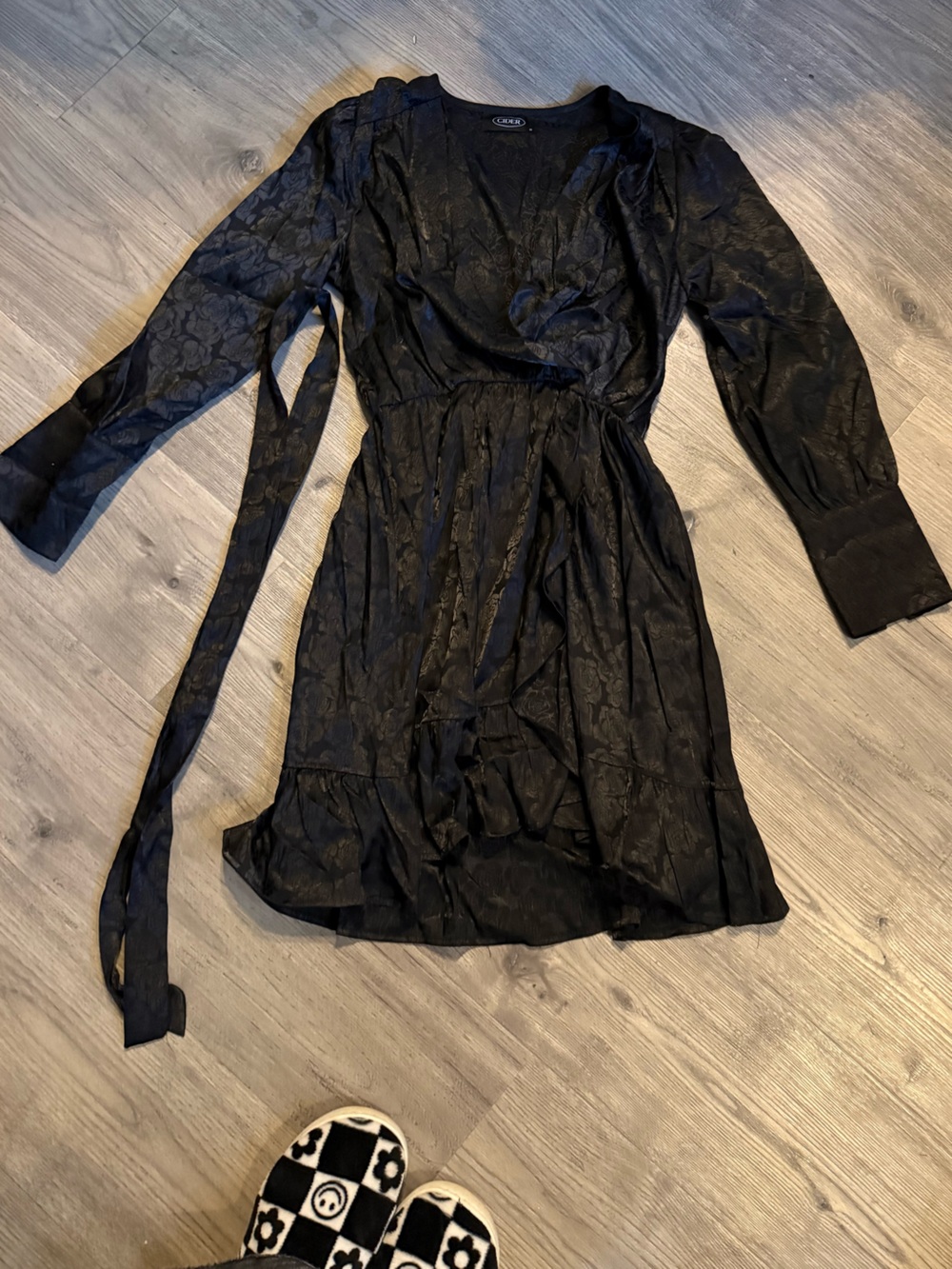 Cider Black Floral Jacquard Wrap Dress with Sash